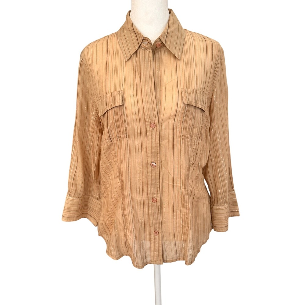 Mossimo Women Button Down Shirt M 3/4 Sleeves Sheer Tan Striped‎ Cotton Office